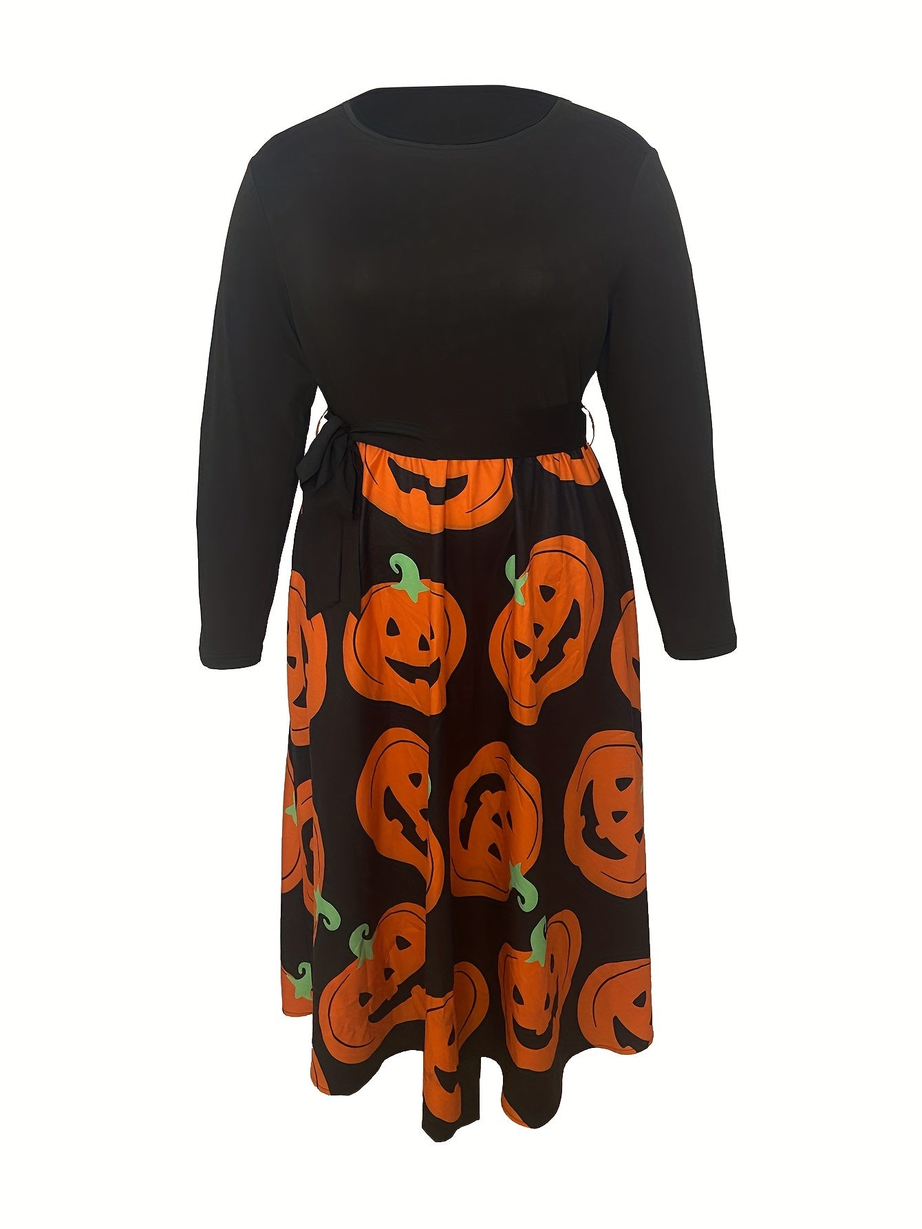 Pumpkin Print Long Sleeve A line Dress With Belt