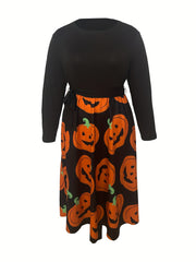 Pumpkin Print Long Sleeve A line Dress With Belt
