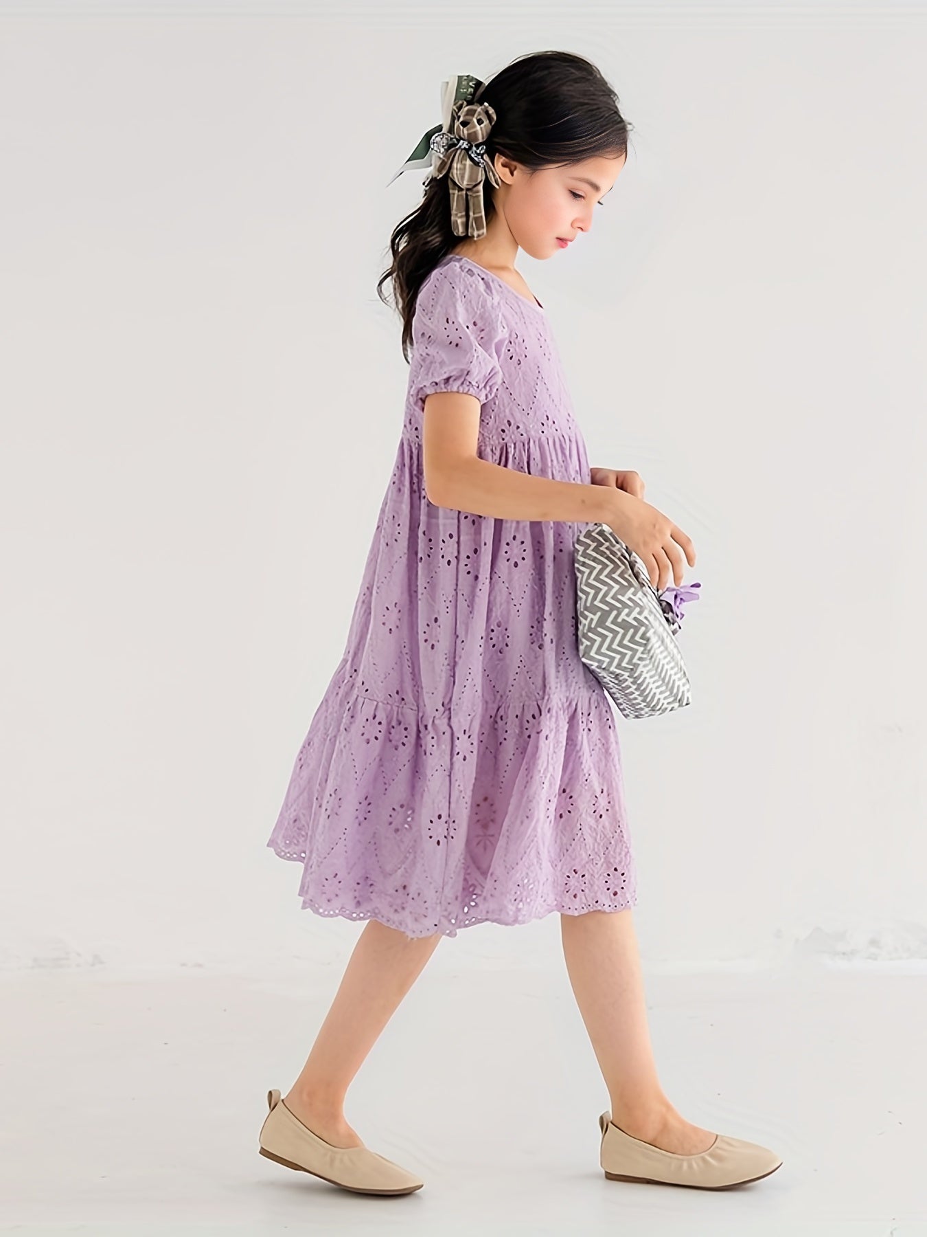 Girl's Cotton Princess Dress Puff Sleeve Crew Neck Summer Clothing