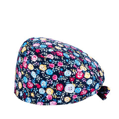 Floral Print Nurse Scrub Cap with Lace Up Elastic - Adjustable Work Hat