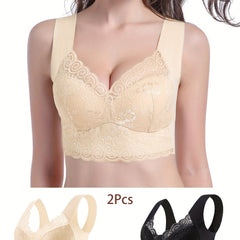 2pcs Lace Wireless Bras Scallop Trim Intimates Women's Lingerie