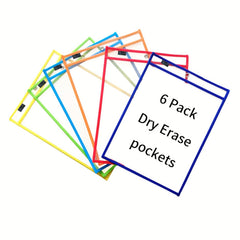 6pcs Reusable Dry Erase Pocket Sleeves, Assorted Colors, Clear Plastic Sheet