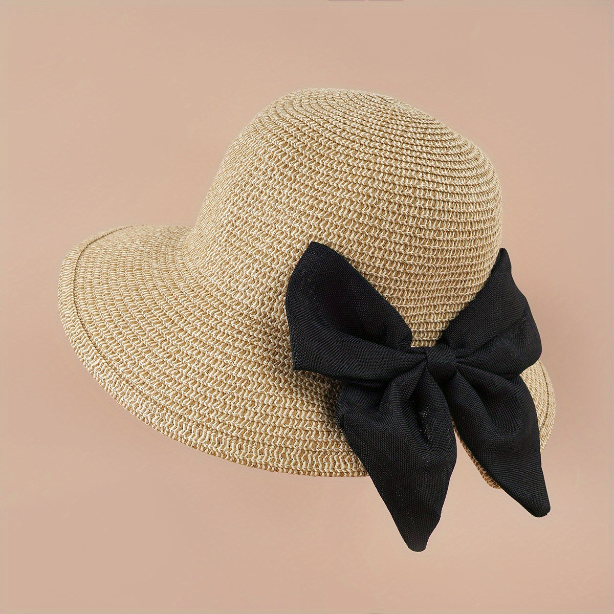 Bowknot Ponytail Straw Sun Hat Solid Sunscreen Beach Hat
