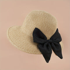 Bowknot Ponytail Straw Sun Hat Solid Sunscreen Beach Hat