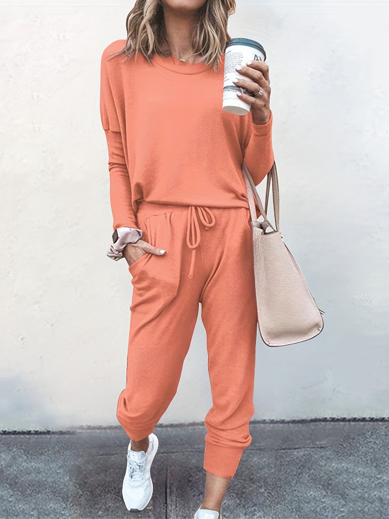 Solid Long Sleeve Top & Tapered Leg Pants Set