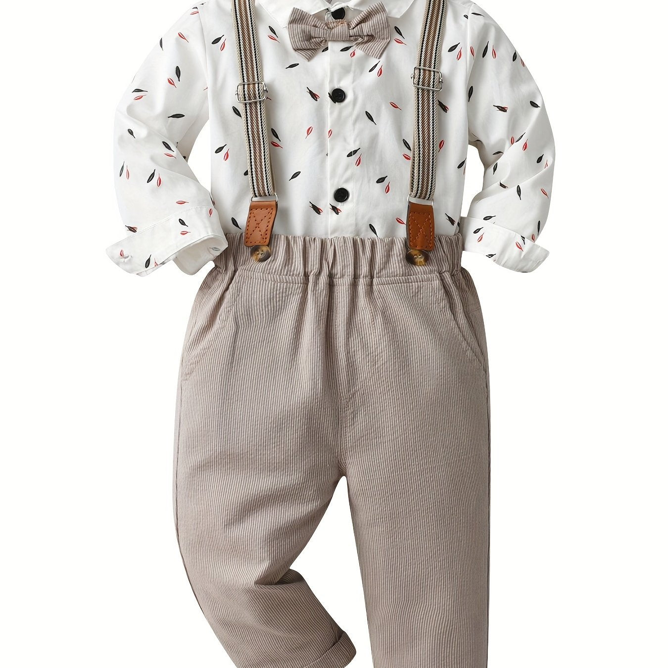 Baby Boys 2pcs Leaf Print Dress Shirt Romper & Striped Bib Pants Set