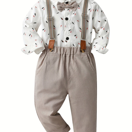 Baby Boys 2pcs Leaf Print Dress Shirt Romper & Striped Bib Pants Set
