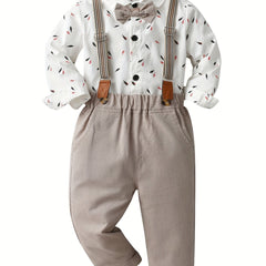 Baby Boys 2pcs Leaf Print Dress Shirt Romper & Striped Bib Pants Set