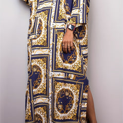 Retro Kaftan Dress Three Quarter Sleeve V Neck Baroque Print