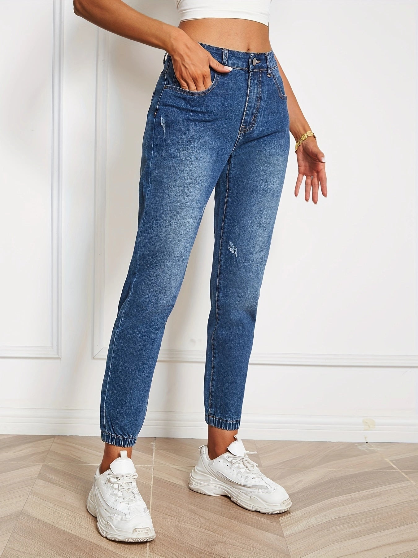 Loose Fit Straight Jeans Slash Pockets Mid Strstch Casual Denim Pants