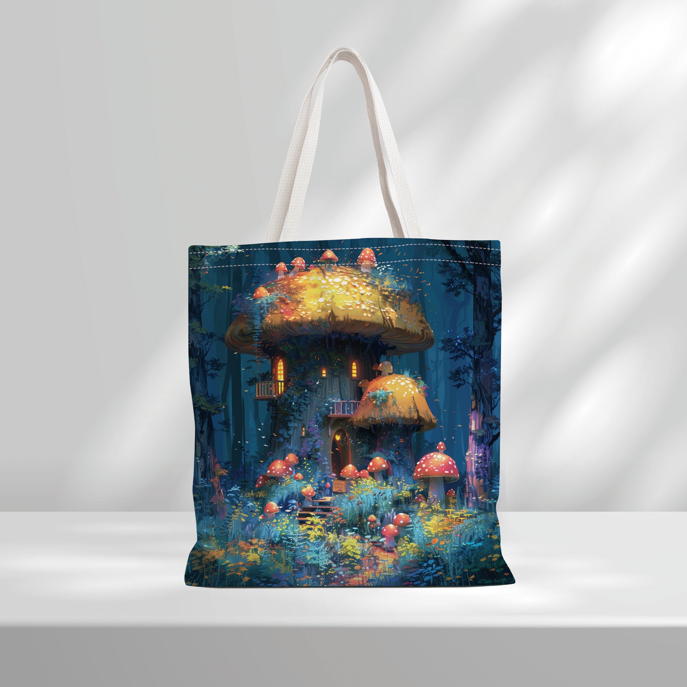 Mushroom House Pattern Tote Bag Durable Canvas Bag For Daily Commute
