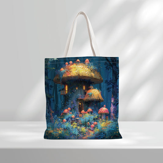 Mushroom House Pattern Tote Bag Durable Canvas Bag For Daily Commute