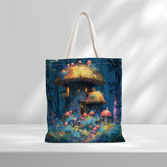 Mushroom House Pattern Tote Bag Durable Canvas Bag For Daily Commute