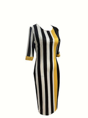 Striped Print Splicing 3/4 Sleeve Bodycon Dress Women's Clothing