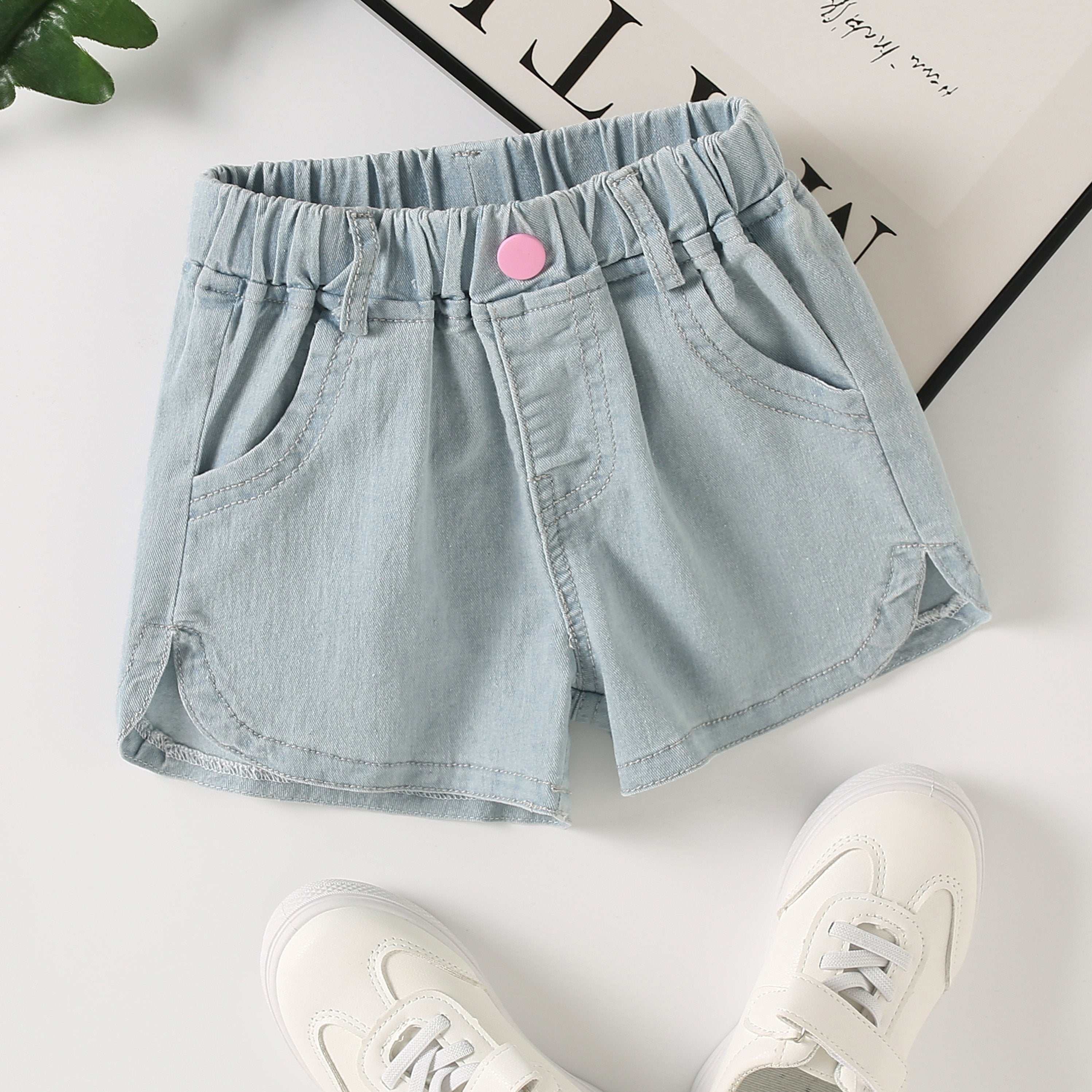 Toddler Girls Pink Button Denim Shorts Elastic Waist Slim Fit Jeans