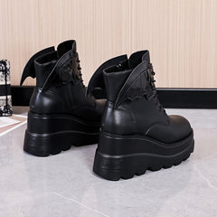 Gothic Platform Ankle Boots Lace Up Round Toe Wedge Heel Punk Short Boots