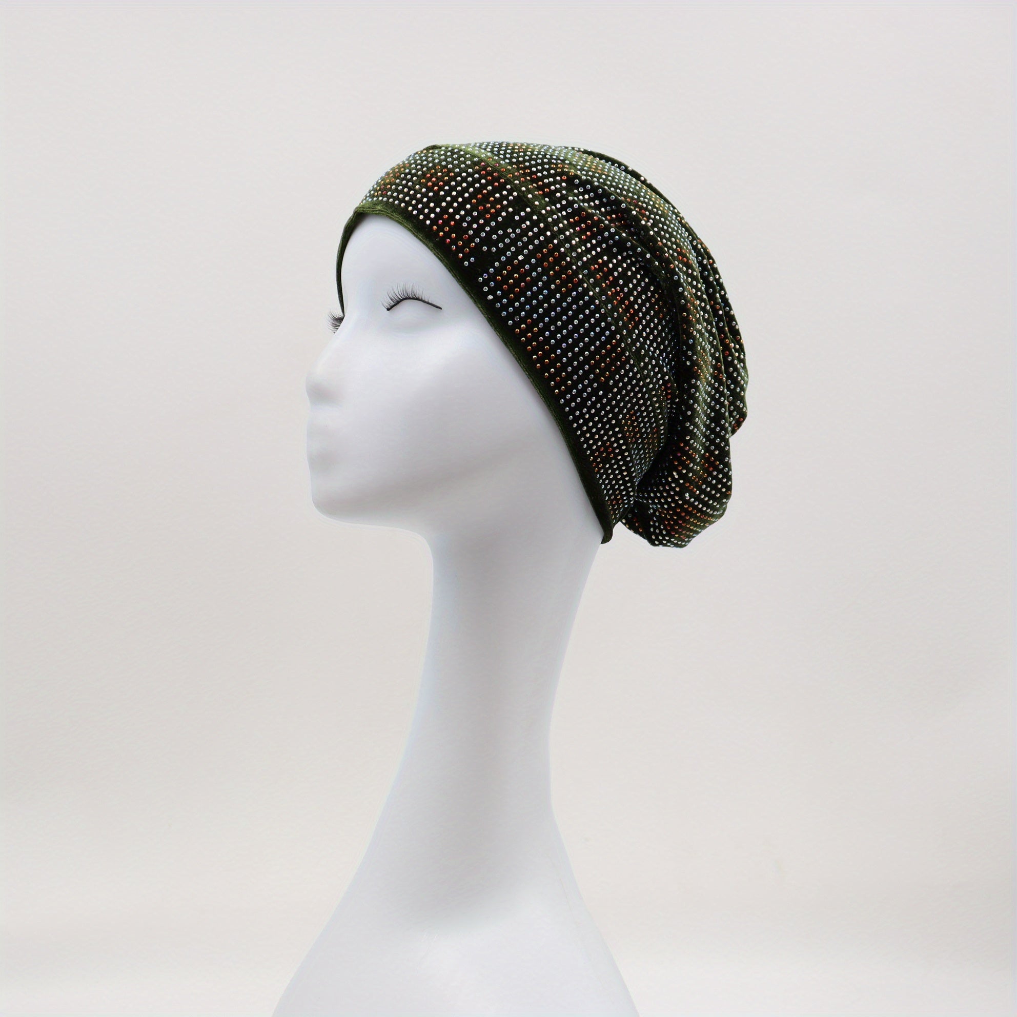 Rhinestone Velvet Turban Cap Slouchy Beanie Head Wrap Lightweight Bonnet