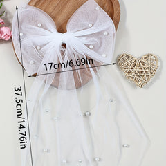 Pearl Bow Bridal Veil Ribbon Hair Clip Accessory for Wedding Bachelorette Party