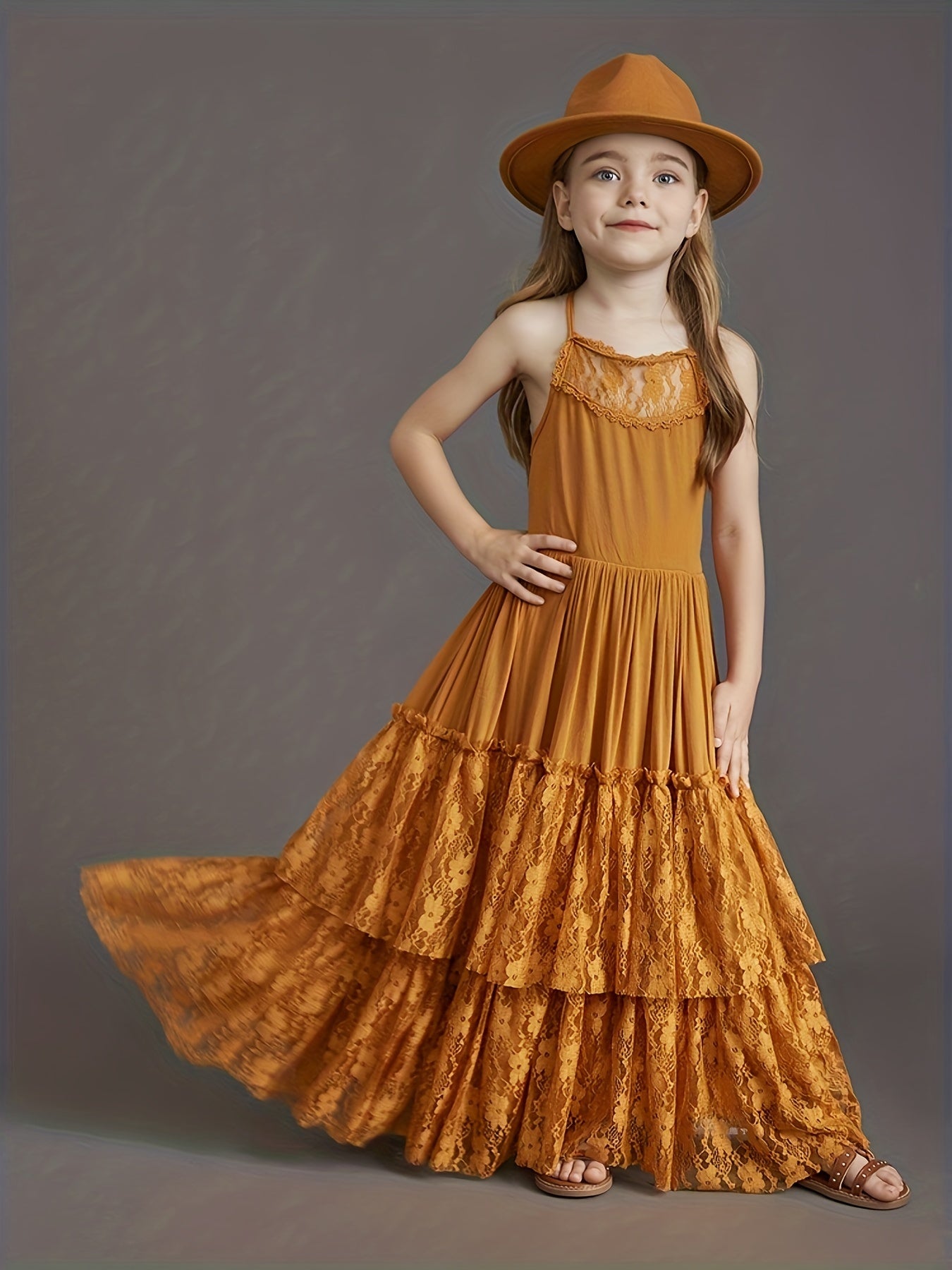 Girl's Halter Lace Maxi Dress For Wedding Piano Performance