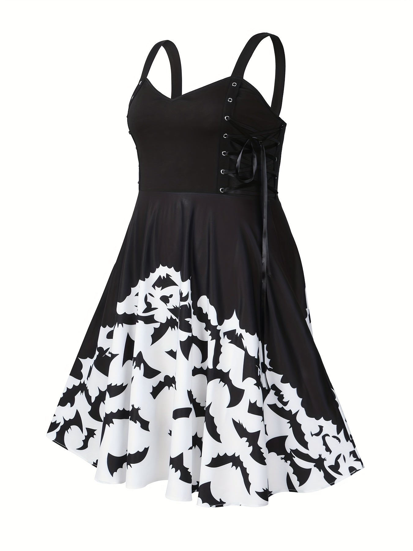 Halloween Goth Dress Women's Plus Bat Print Lace Up V Neck A line Tank