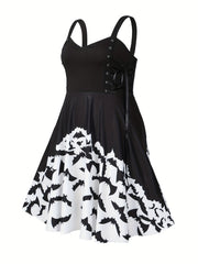 Halloween Goth Dress Women's Plus Bat Print Lace Up V Neck A line Tank