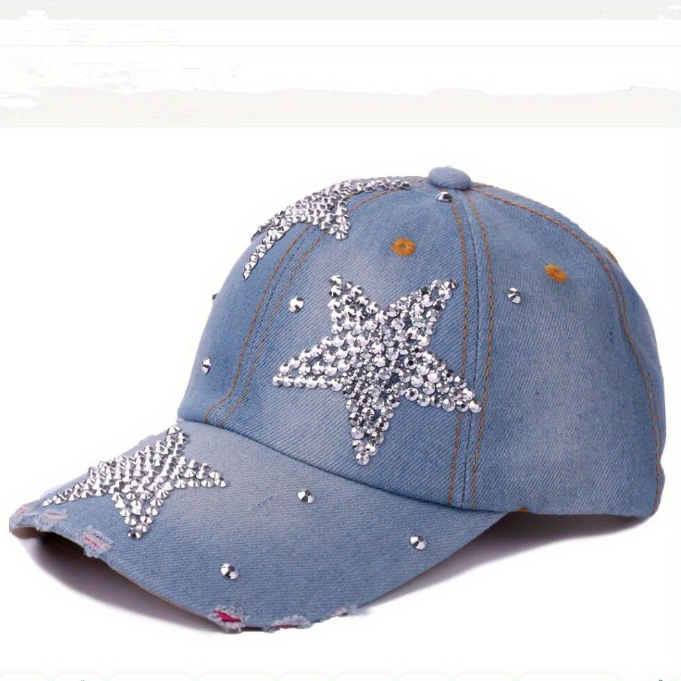 Rhinestone Pentagram Baseball Cap Ripped Distressed Cotton Dad Hat