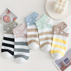 5 Pairs Striped & Star Print Ankle Socks Women's Stockings