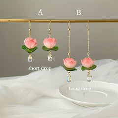 Pink Lotus Lily Pad Dangle Earrings for Girls