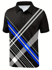 Men's Striped Polo Shirt Active Stretch Button Up Short Sleeve Polo Shirt