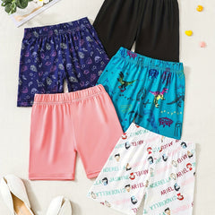5pcs Girls Cartoon Print Bike Shorts & Stretchy Casual Shorts For Kids