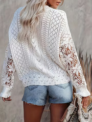 Solid Crew Neck Lace Pullover Sweater for Women