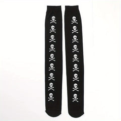 Skull & Bat Print Over The Knee Socks for Halloween