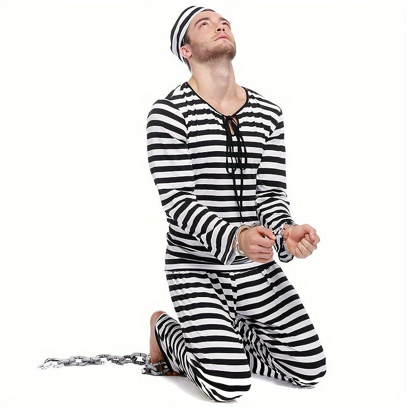 Men's Striped Prisoner Costume Set Halloween Dance Party Makeup