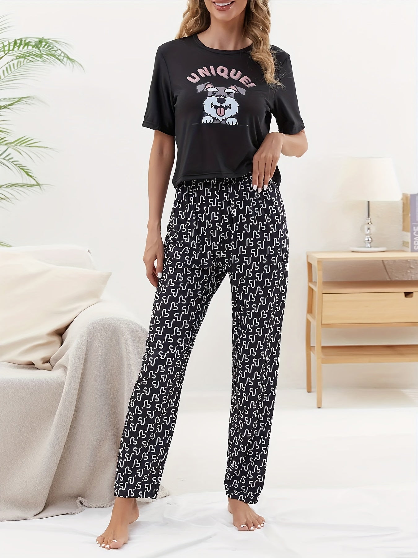 Cartoon Dog Print Pajama Set Women's Sleepwear & Loungewear