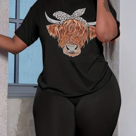 Cow Head Print Two piece Shorts Set Women's Clothing