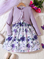 Girl's 2pcs Floral A Line Dress & Ruffle Cardigan Set Spring Autumn