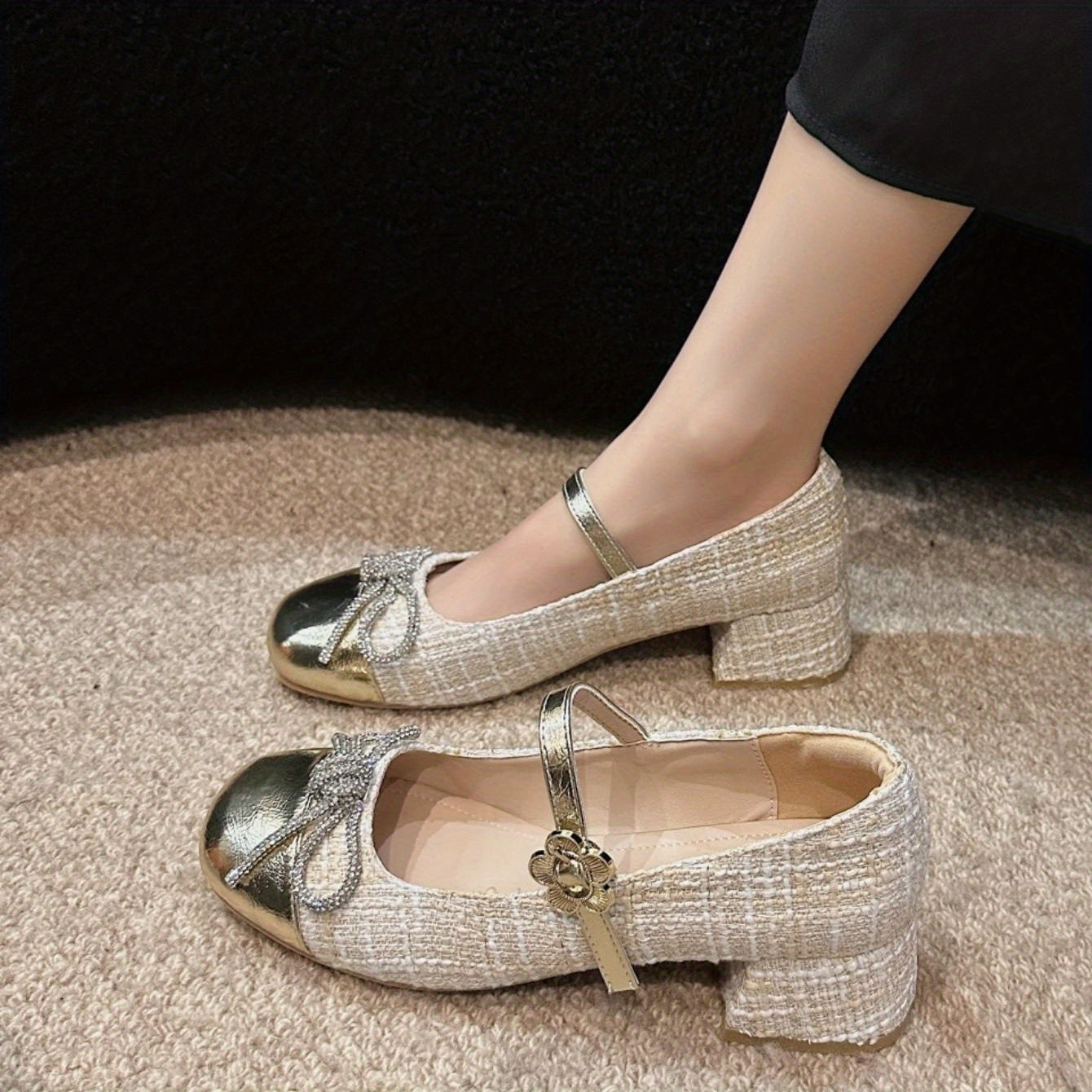 Women's Rhinestone Bow Mary Janes Chunky Heel Buckle Outdoor Dress Shoes