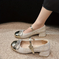 Women's Rhinestone Bow Mary Janes Chunky Heel Buckle Outdoor Dress Shoes