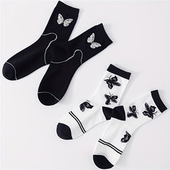 Butterfly Print Mid Tube Socks 2 Pairs Women's Stockings