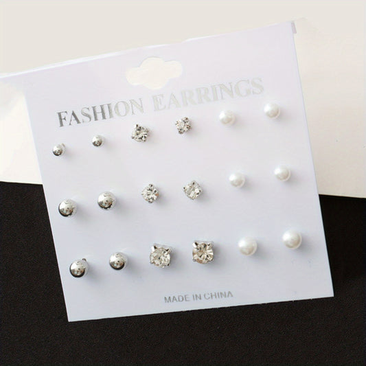 9 Pairs Round Faux Pearl Stud Earrings Set Silver Plated