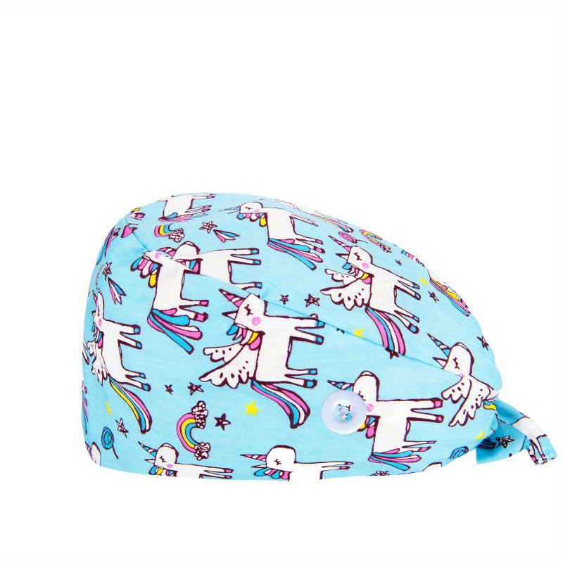 Cartoon Print Work Cap Casual Nurse Hats Elastic Lace Up Cap