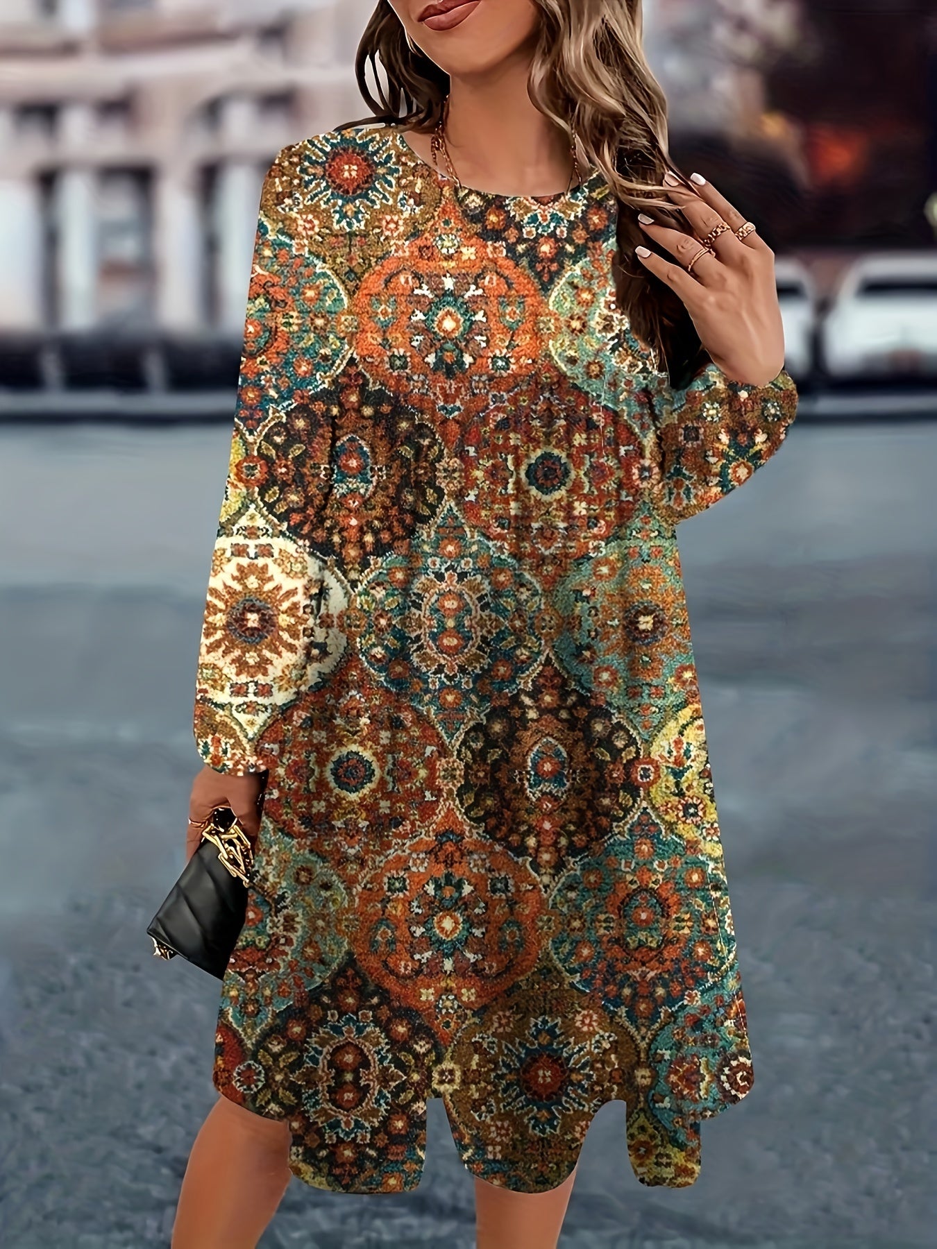 Floral Print Long Sleeve Round Neck Dress