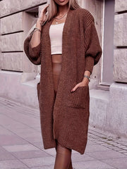 Solid Lantern Sleeve Open Front Cardigan With Pockets