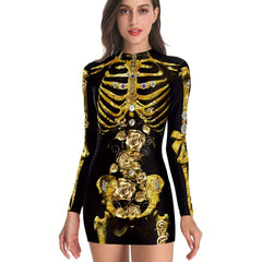 Skeleton & Floral Print Slim Dress Casual Mock Neck Dress