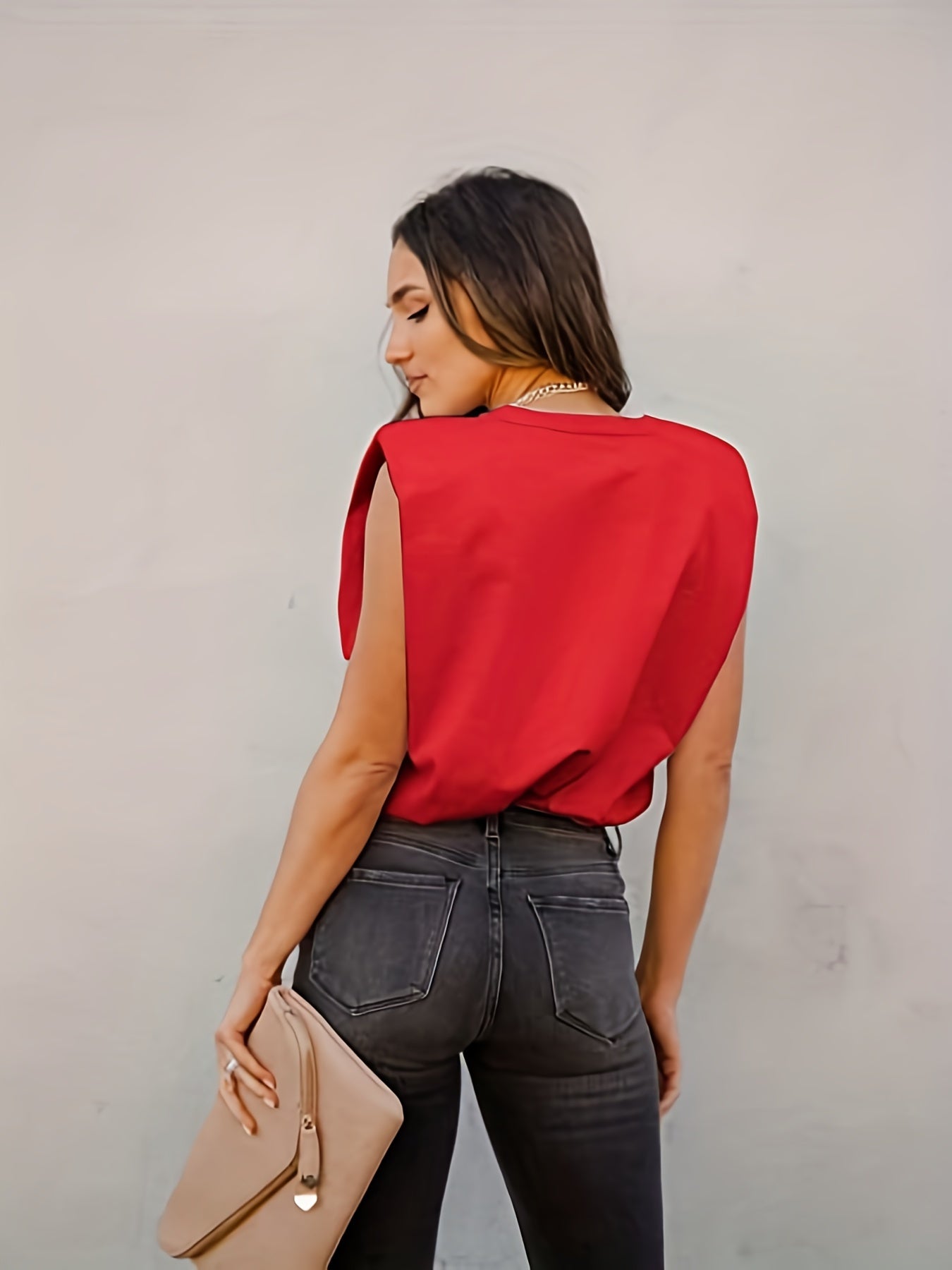 Solid Padded Shoulder Top Casual Crew Neck Summer Versatile Top