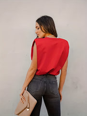 Solid Padded Shoulder Top Casual Crew Neck Summer Versatile Top