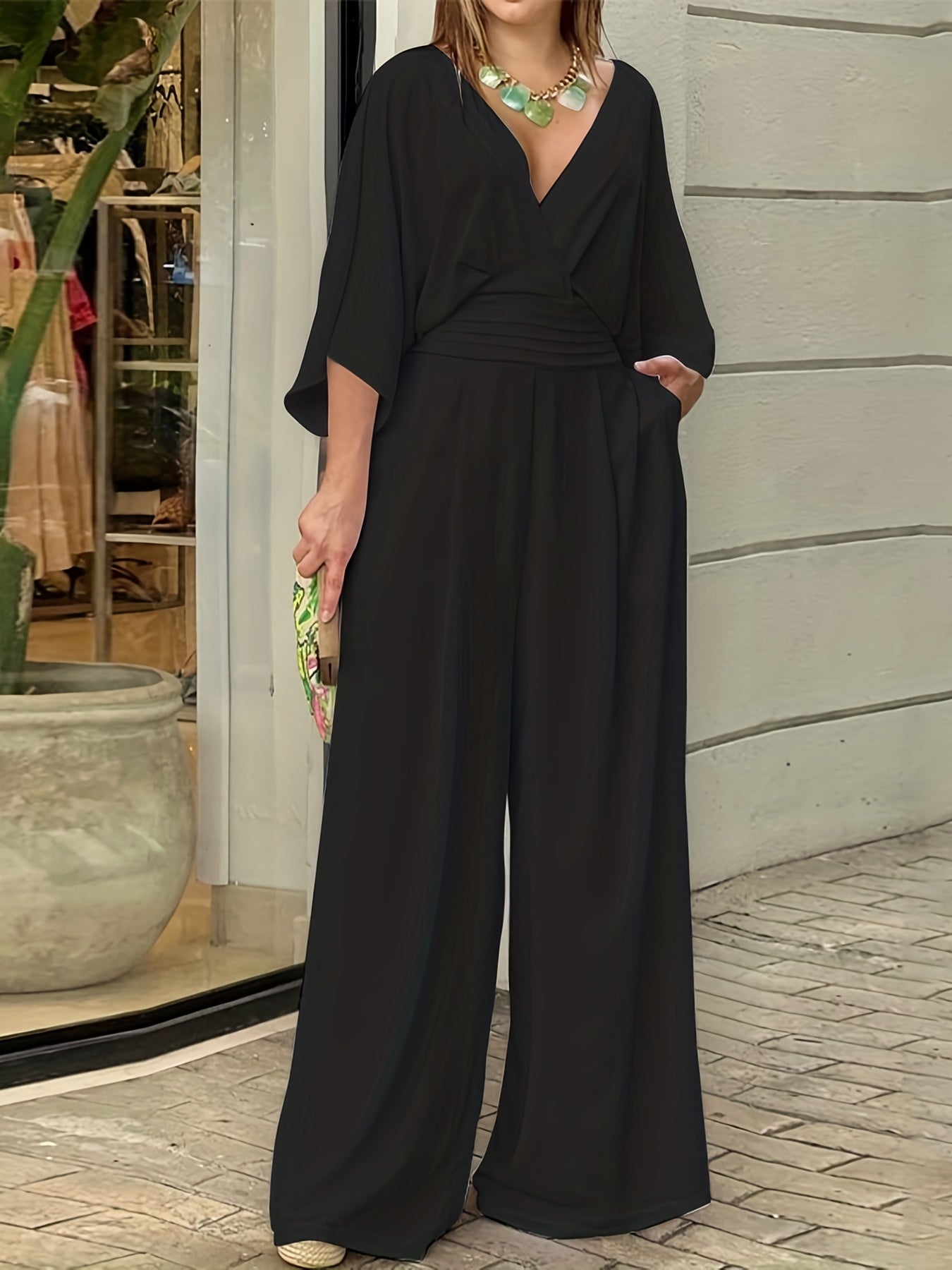 Solid V-neck Wide Leg Jumpsuit for Women