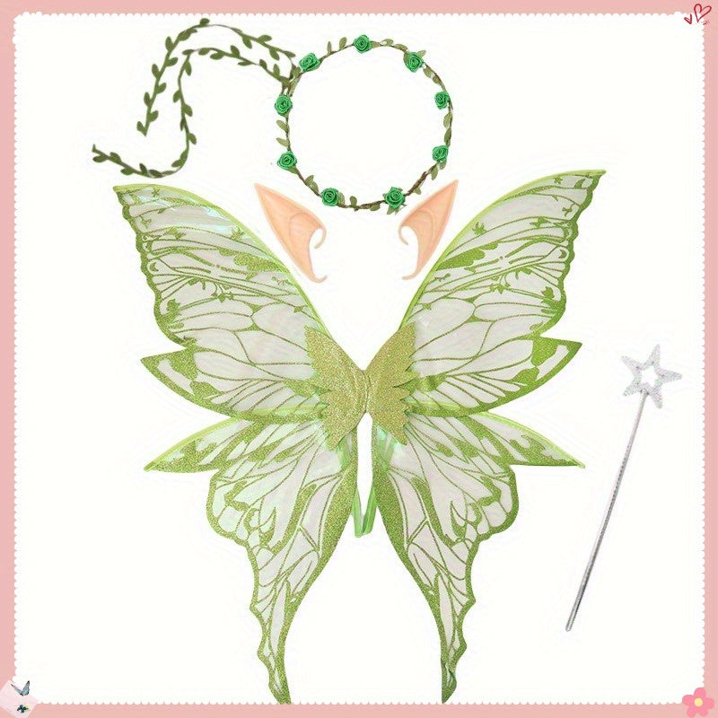 4pcs Fairy Wings Flower Crown Magic Wand Elf Ears Women Role Play Themed Parties