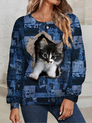 Cat Print Pullover Sweatshirt Long Sleeve Crew Neck Sweatshirt
