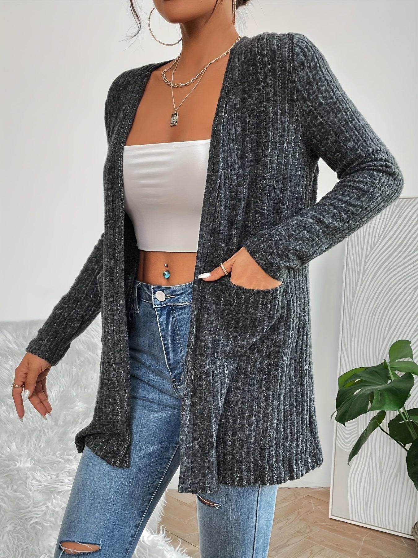 Solid Ribbed Long Sleeve Open Front Cardigan With Pockets